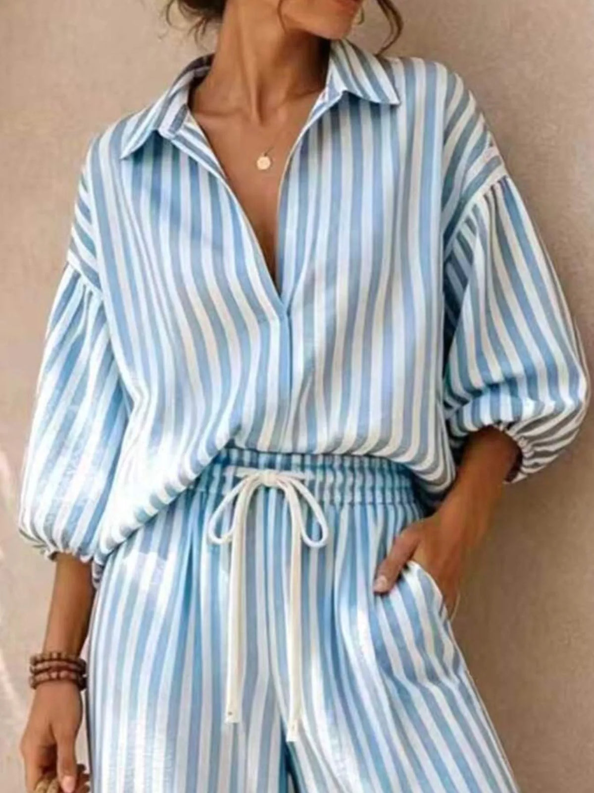 Gaia Striped Puff Sleeve Shirt and Wide-Leg Drawstring Pants Set — view 11