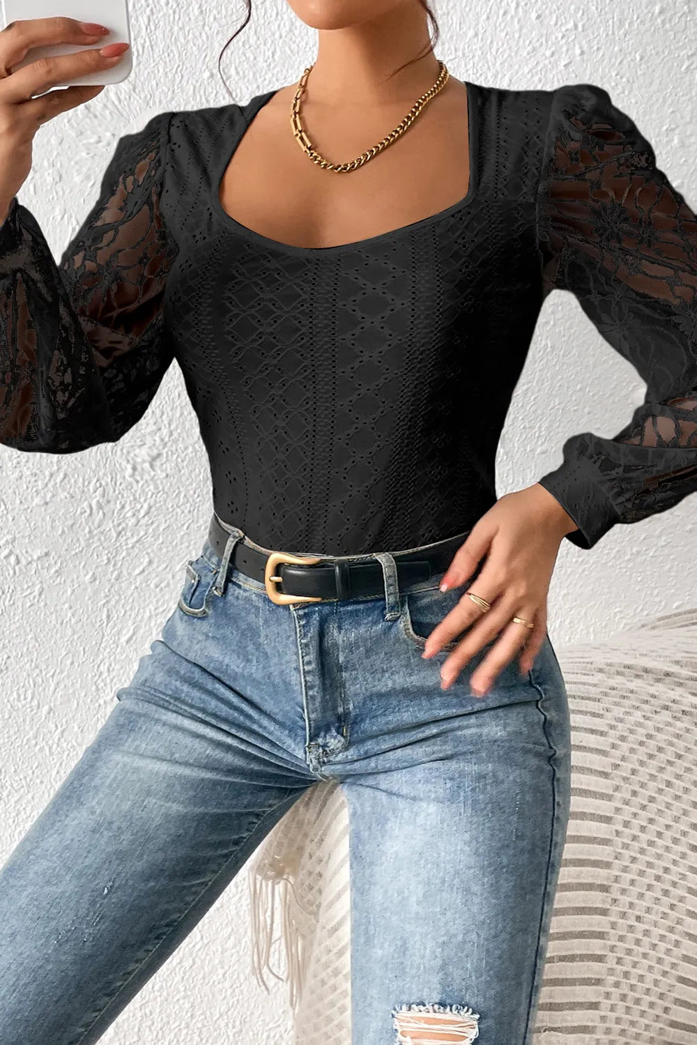 Brigid Eyelet Lace Long Sleeve Bodysuit — view 14