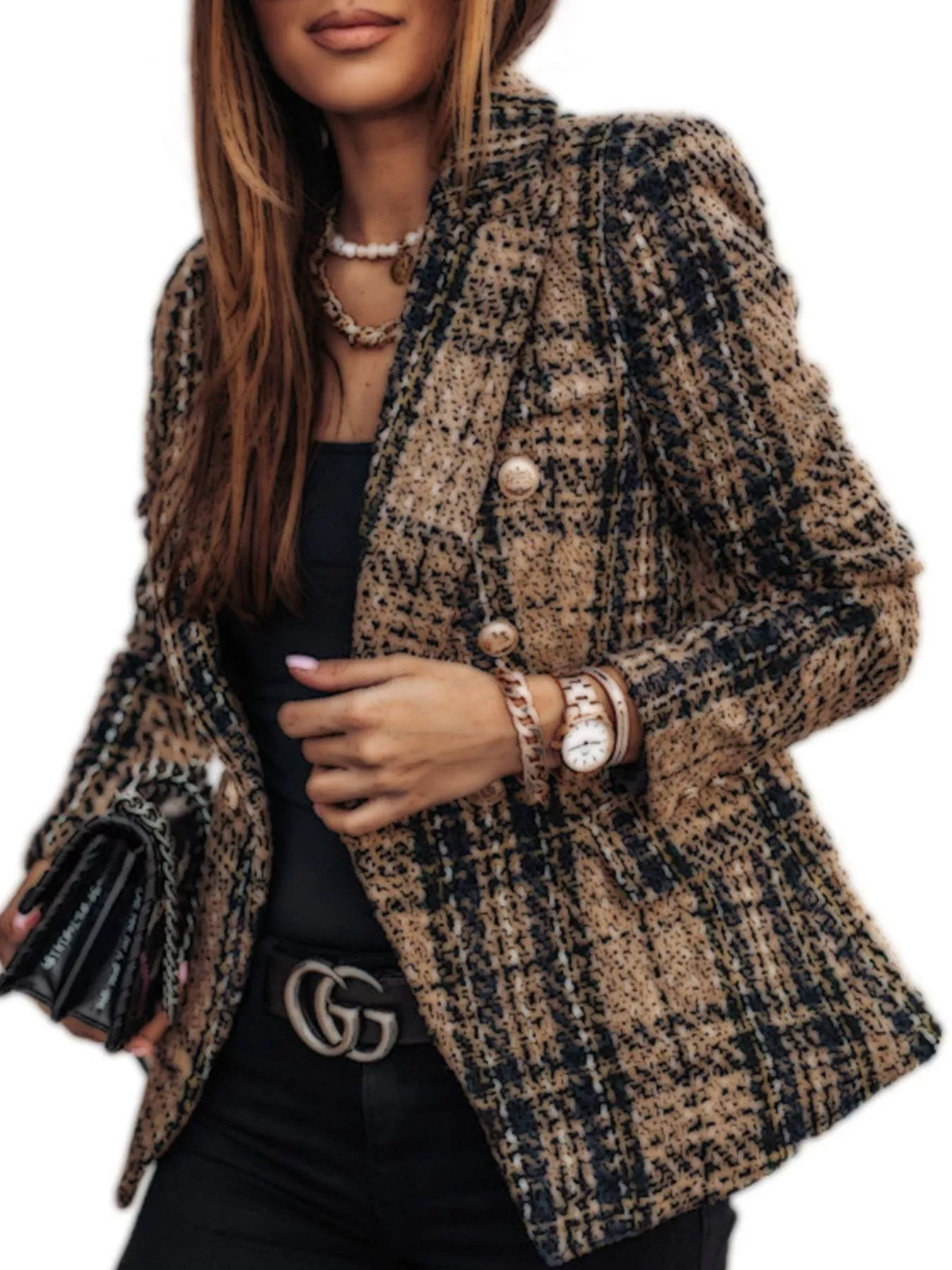 Athena Plaid Tweed Double-Breasted Blazer — view 6