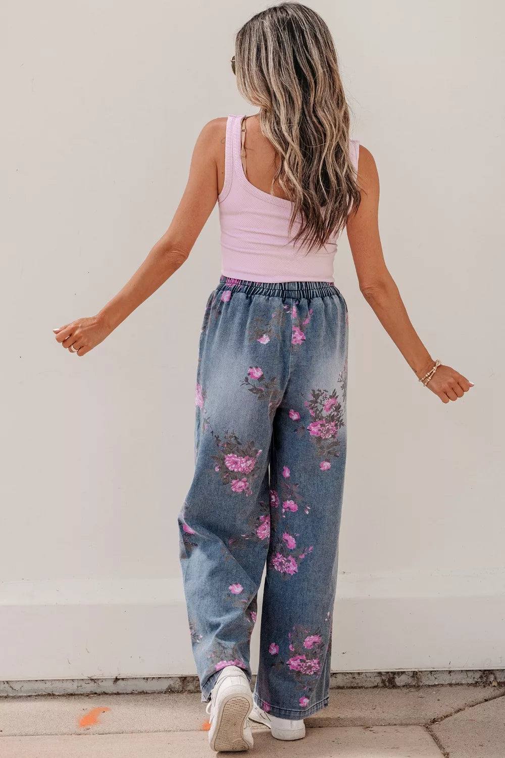 Olwen Floral Print Wide Leg Elastic Waist Jeans — view 7