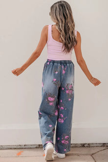 Olwen Floral Print Wide Leg Elastic Waist Jeans — thumbnail 7