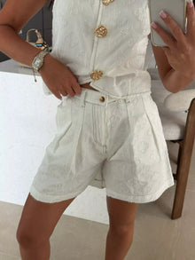 Oshun Embossed Vest and Shorts Denim Set with Gold-Tone Buttons — thumbnail 2