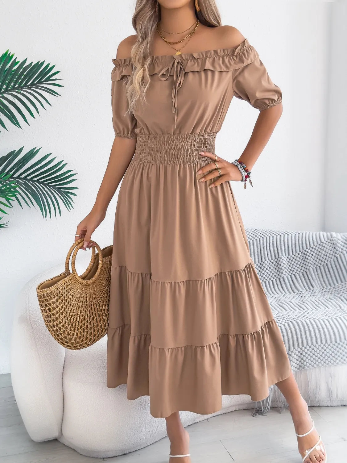 Venus Smocked Off-Shoulder Tiered Dress — view 12
