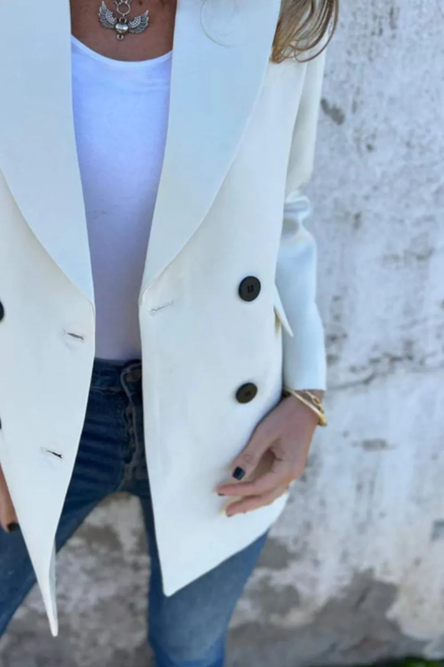 Athena Collared Neck Long Sleeve Blazer styled in the studio