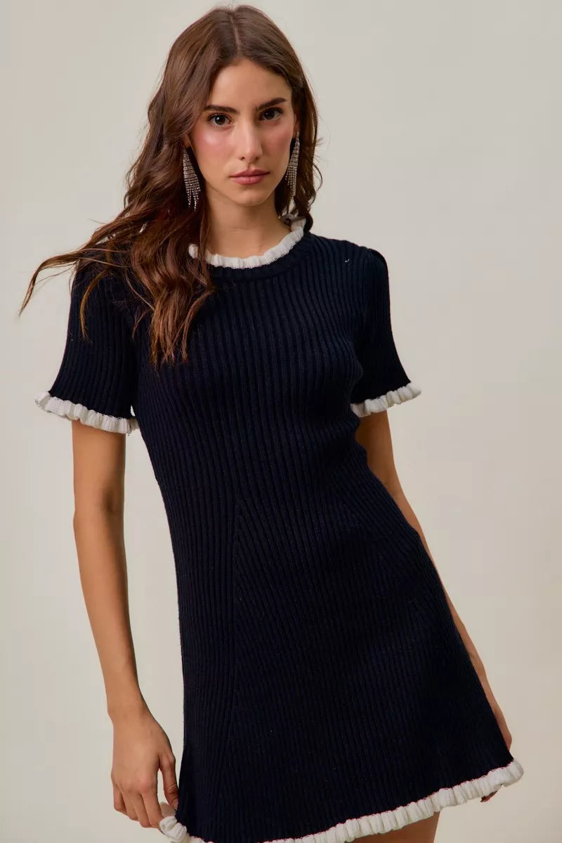 Vesta Contrast Ruffled Sweater Knit Mini Dress — view 7