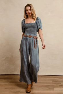 Hera Smocked Washed Puff Sleeve Square Neck Denim Jumpsuit — thumbnail 4