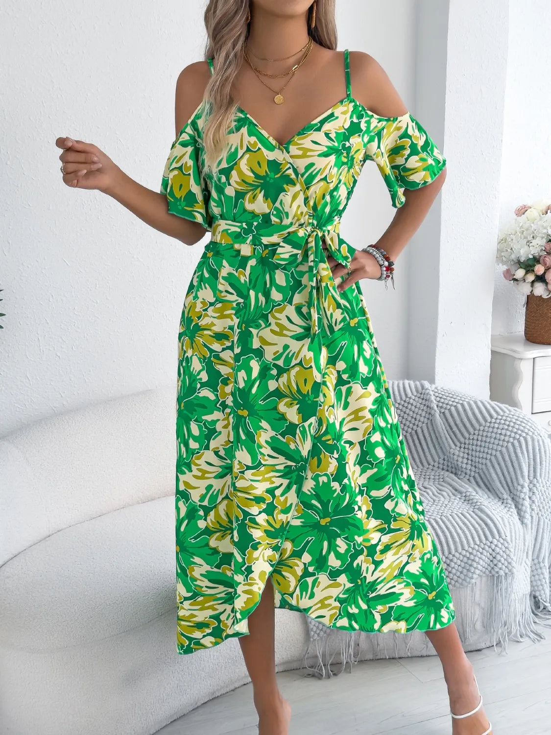 Venus Printed Cold Shoulder Midi Cami Dress — view 15