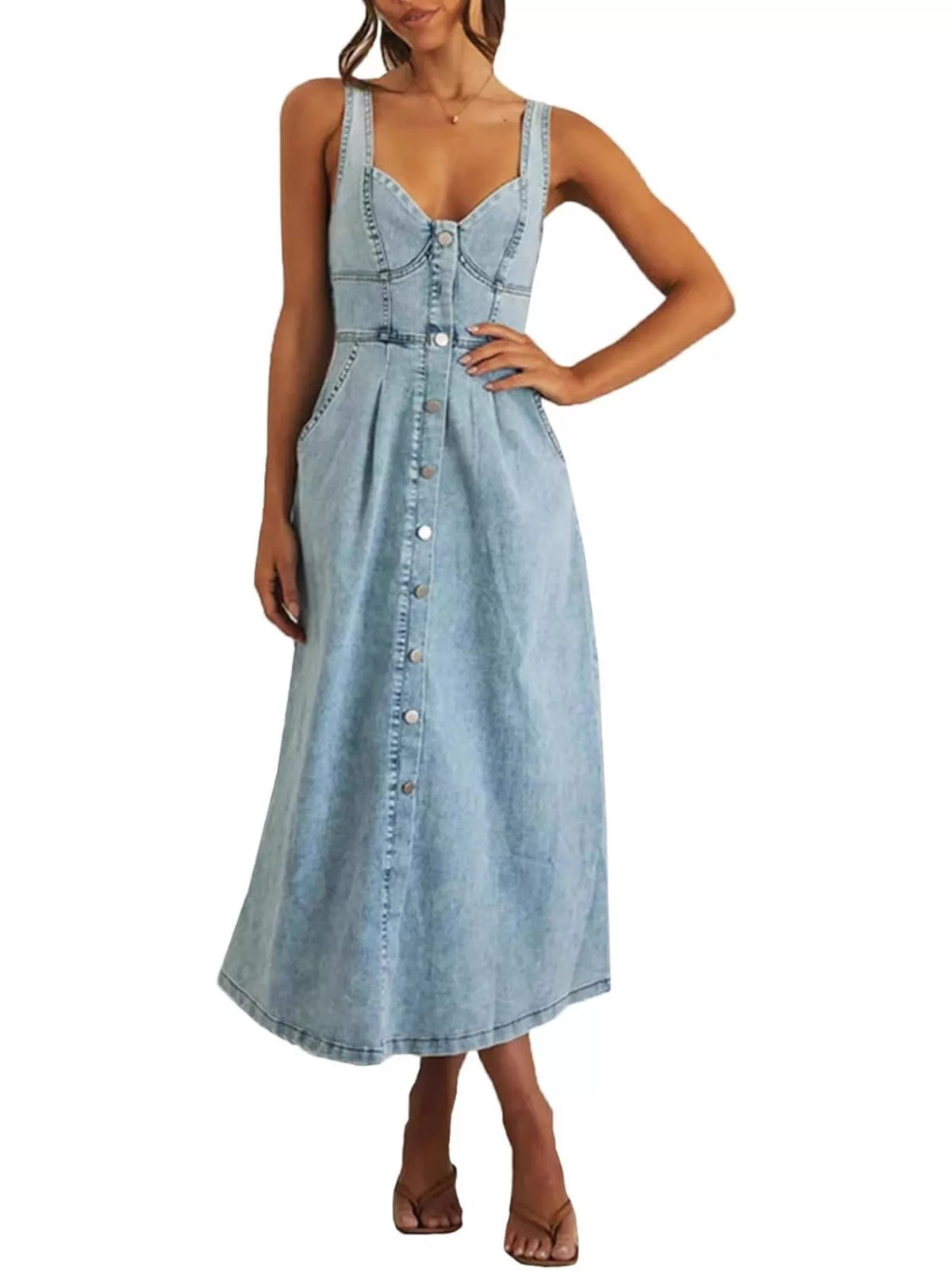 Artemis Smocked Back Button Front Denim Midi Dress — view 1