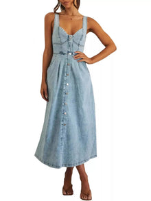 Artemis Smocked Back Button Front Denim Midi Dress — thumbnail 1