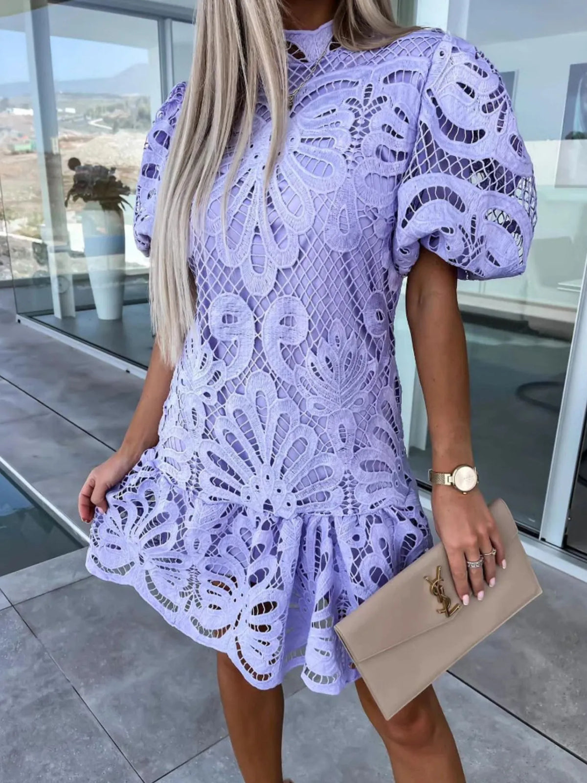 Selene Lace Mock Neck Puff Sleeve Dress — view 12