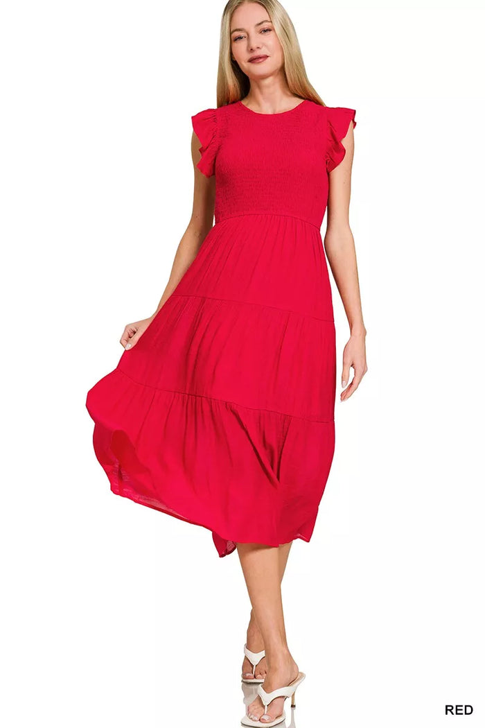 Aphrodite Woven Smocked Ruffle Sleeve Midi Dress