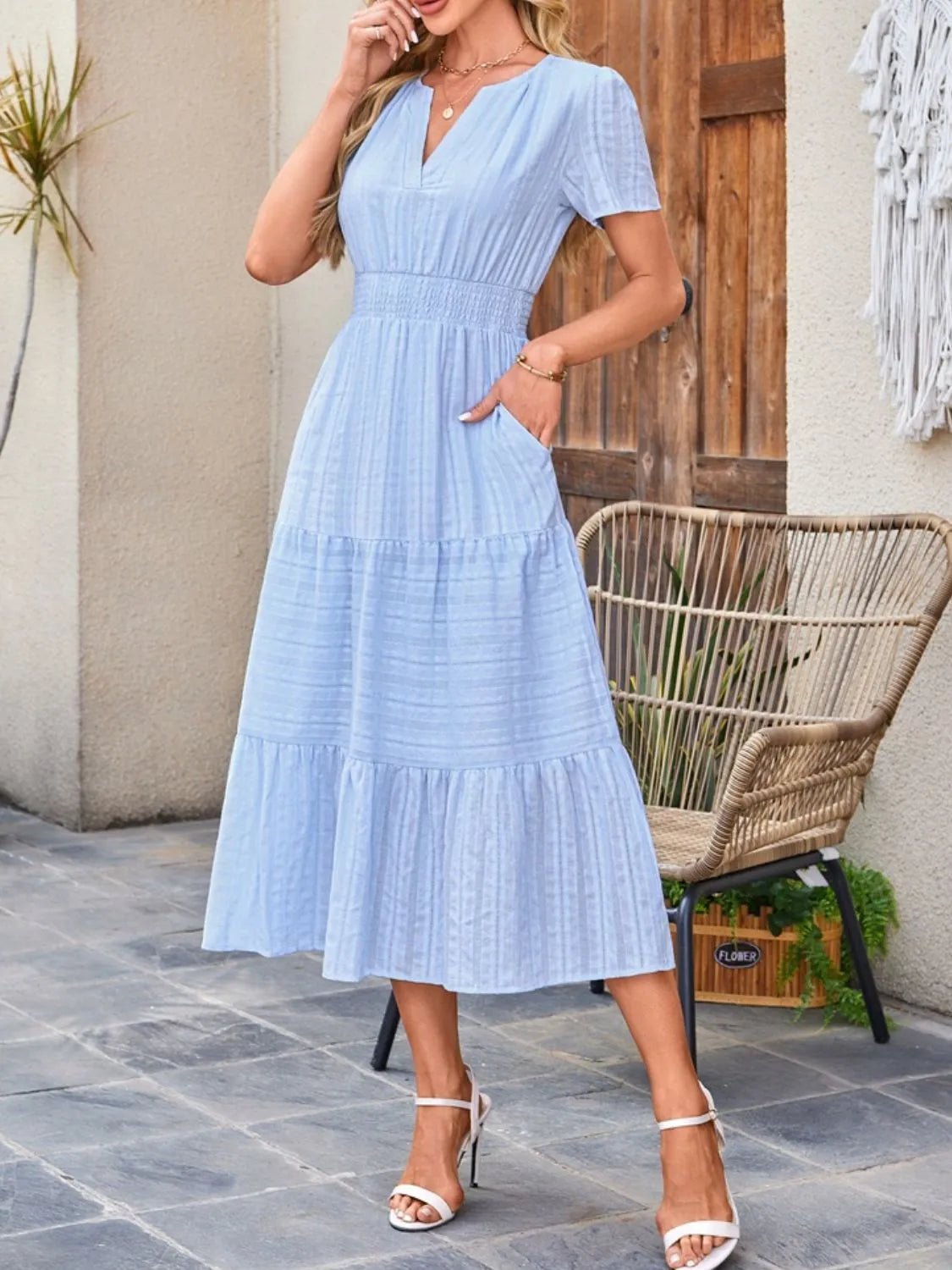 Sekhmet Tiered Notched Short Sleeve Dress — view 9