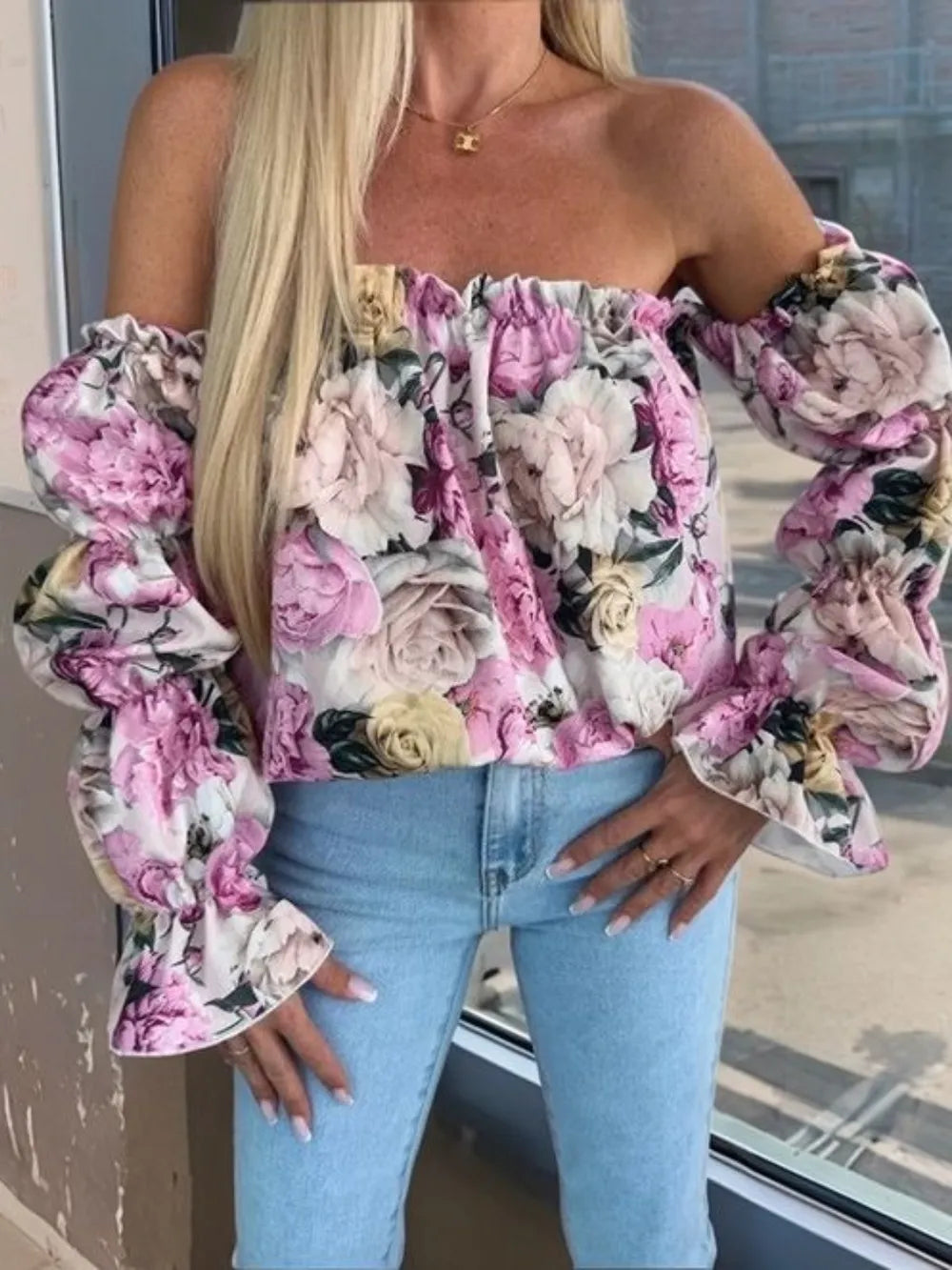 Hathor Printed Off-Shoulder Flounce Sleeve Blouse — view 8