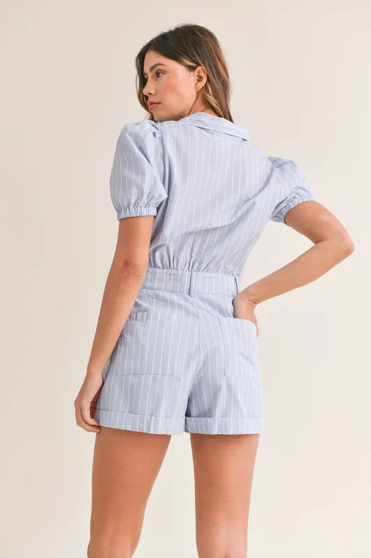 Ishtar Striped Puff Sleeve Collared Neck Romper styled in the studio