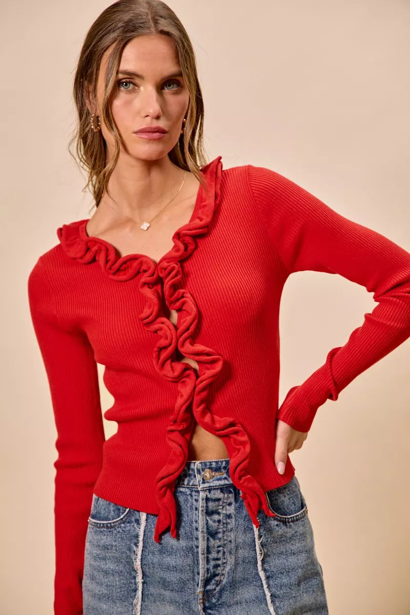 Pele Cascade Ruffle Ribbed Sweater Cardgian — view 13