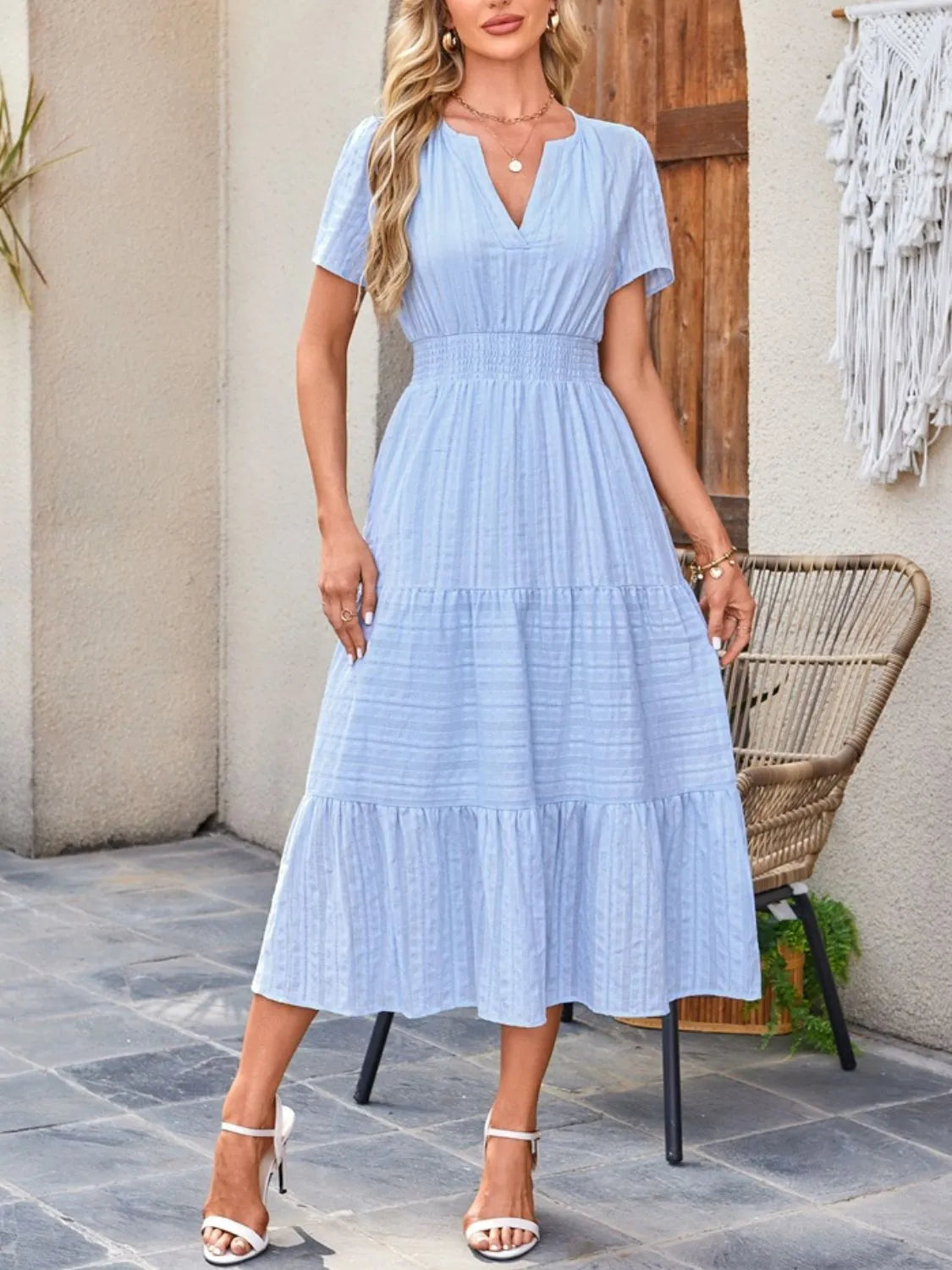 Sekhmet Tiered Notched Short Sleeve Dress — view 7