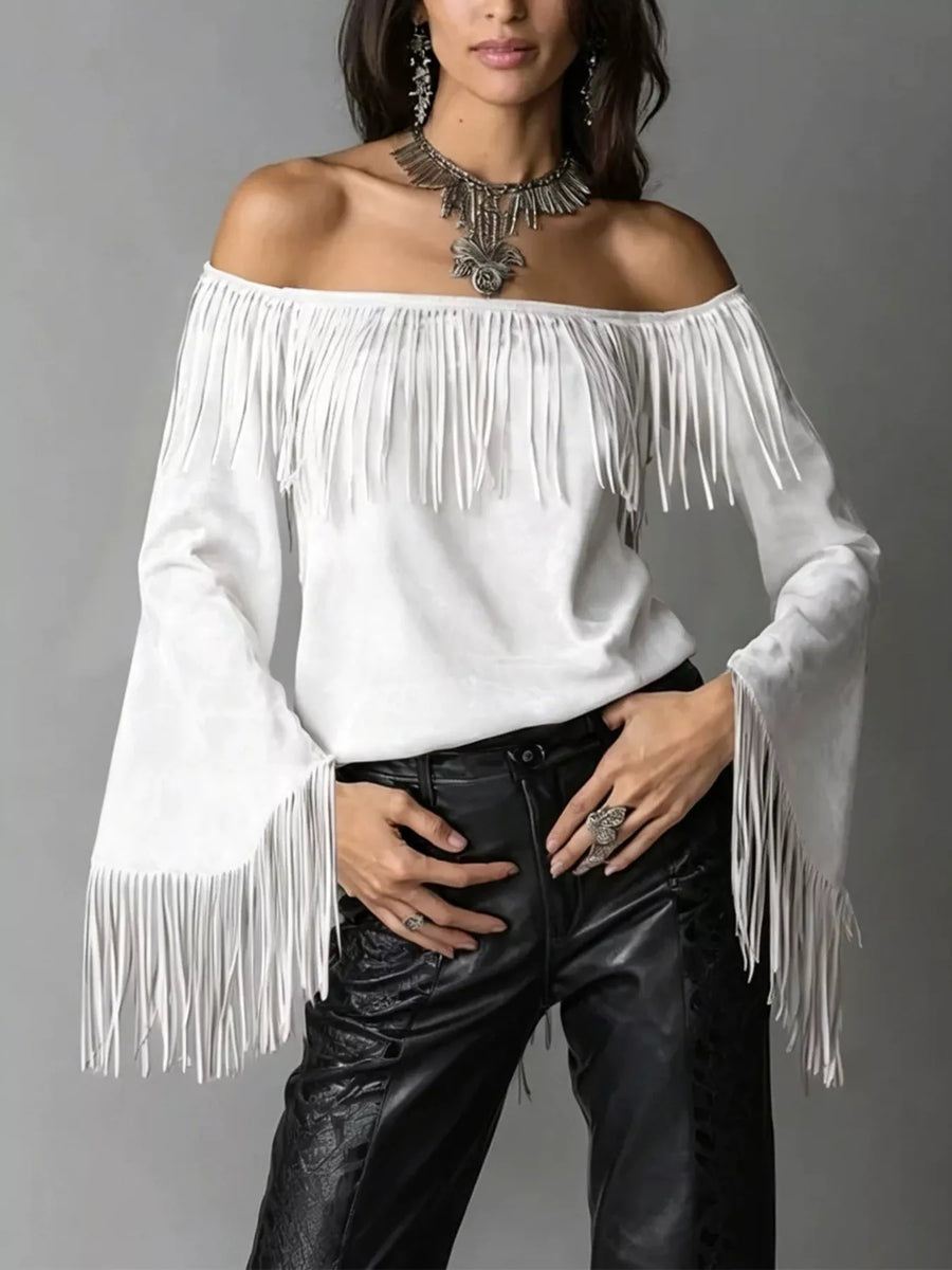 Freya Fringed Off-Shoulder T-Shirt styled in the studio