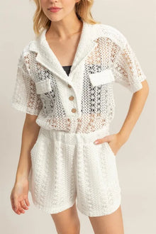 Brigid Crochet Button Front Short Sleeve Romper — thumbnail 4
