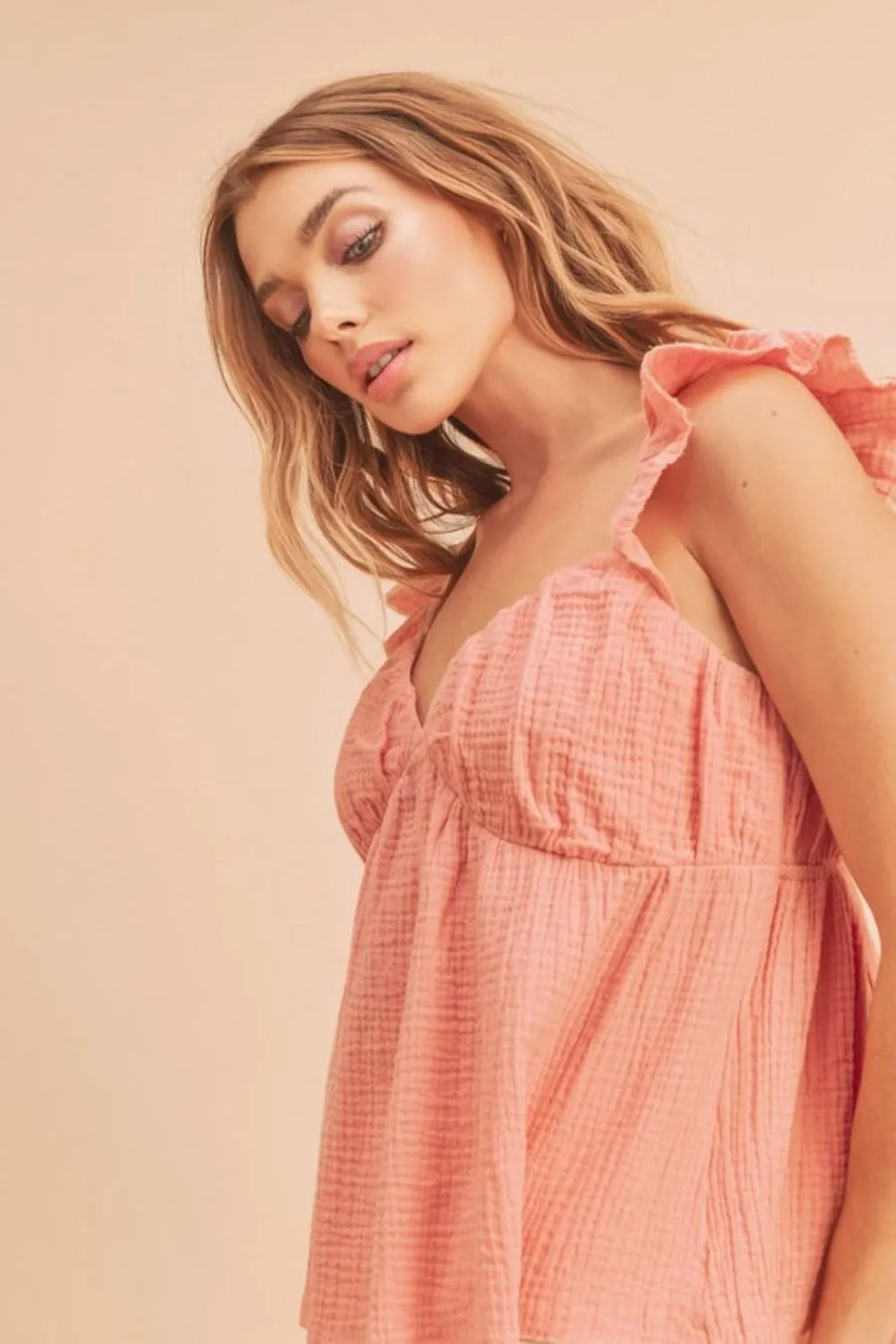 Venus Aemi + Co Sweetheart Neck Ruffled Strap Top styled in the studio