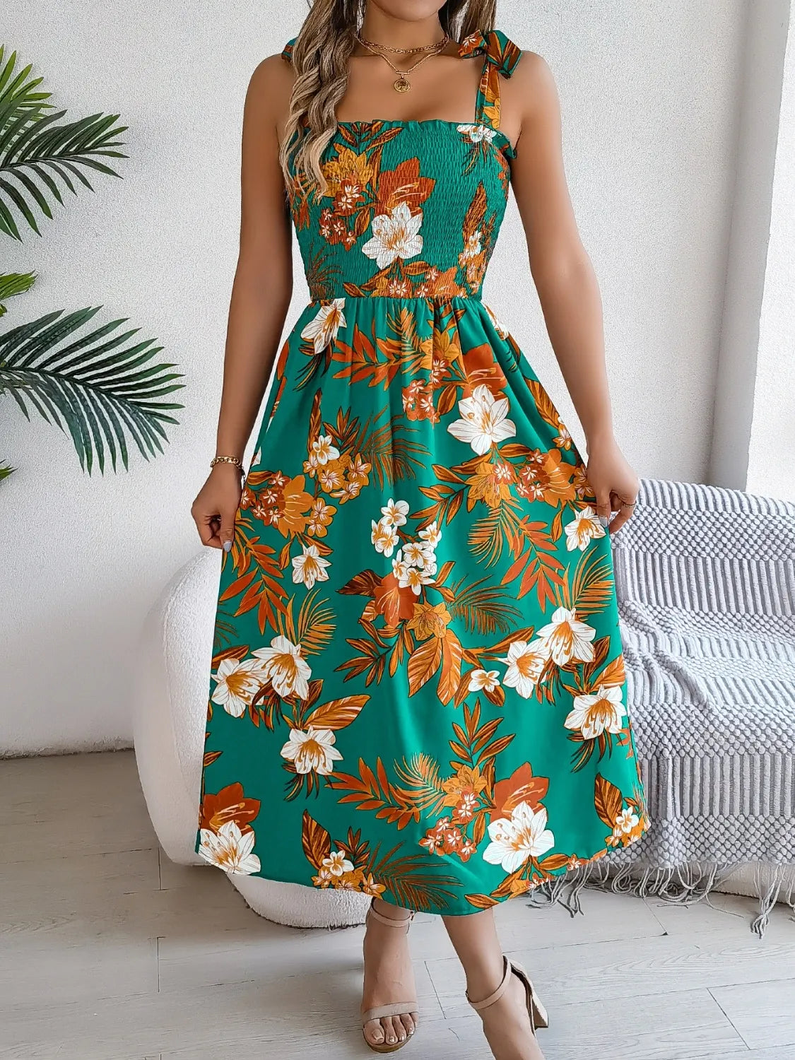 Persephone Smocked Floral Tie Shoulder Midi Dress — view 14