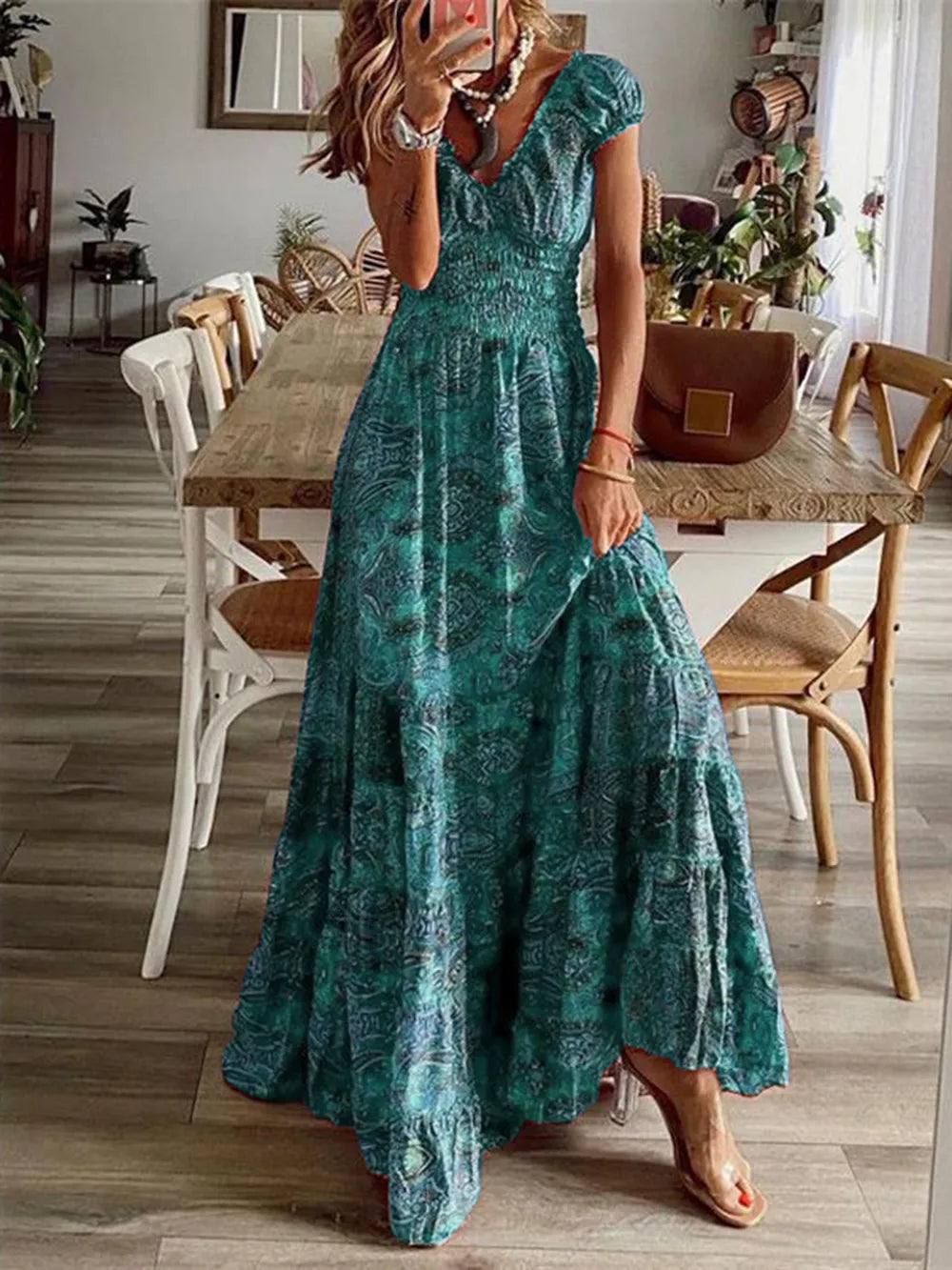 Pele Smocked Printed V-Neck Short Sleeve Dress — view 13