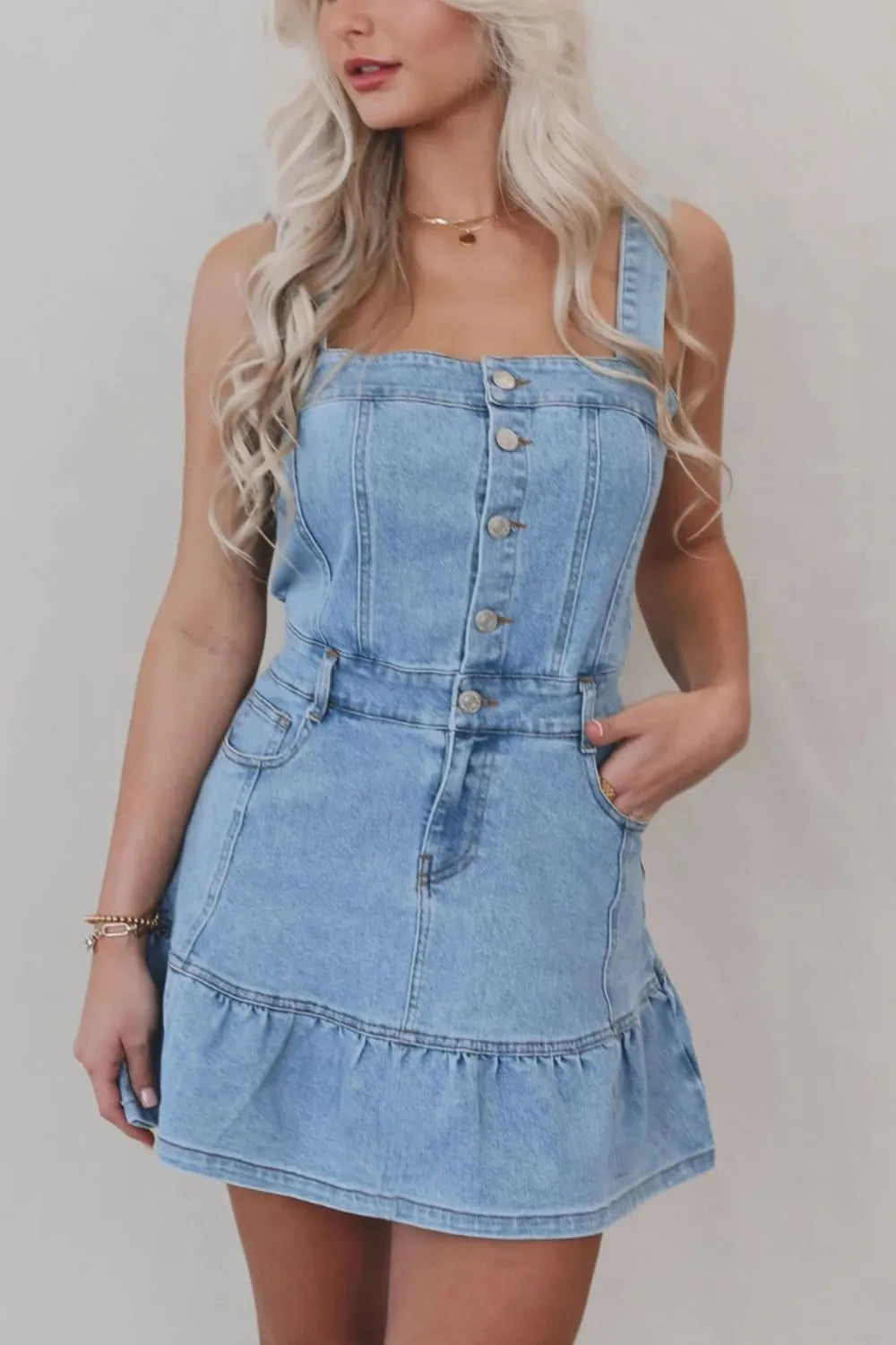 Aurora Ruffled Hem Button Front Square Neck Denim Dress — view 4