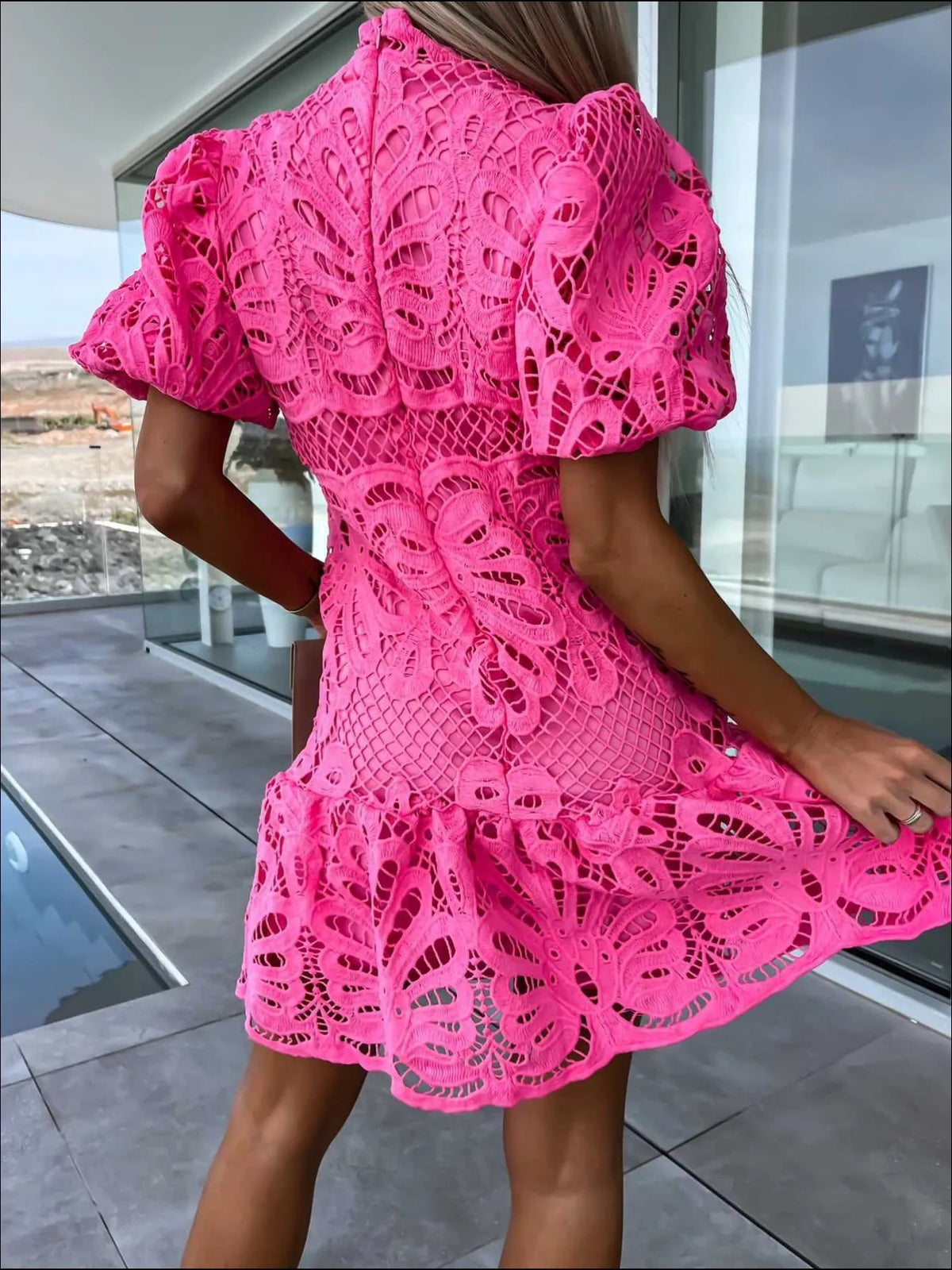 Selene Lace Mock Neck Puff Sleeve Dress — view 8