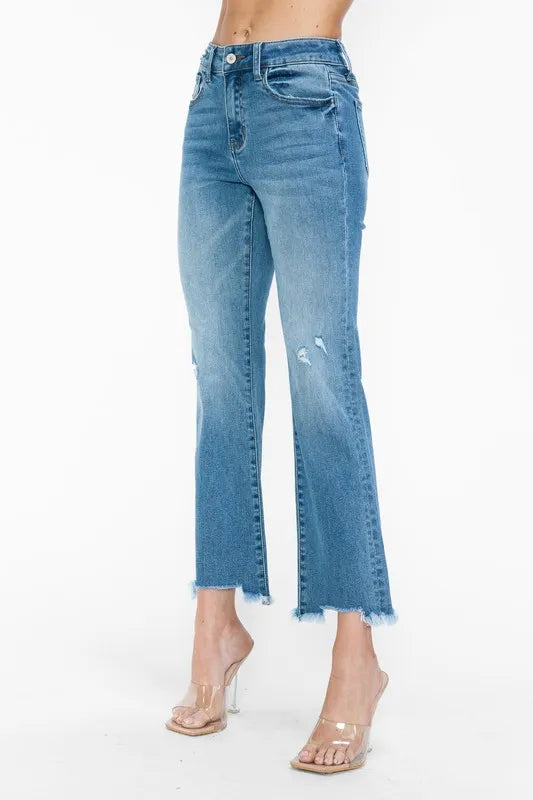 Artemis Raw Hem Distressed Mid Rise Crop Jeans — view 9