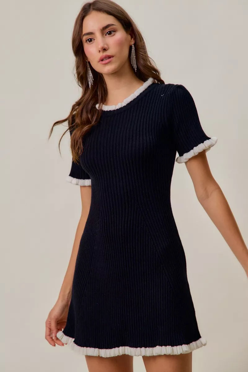 Vesta Contrast Ruffled Sweater Knit Mini Dress — view 5