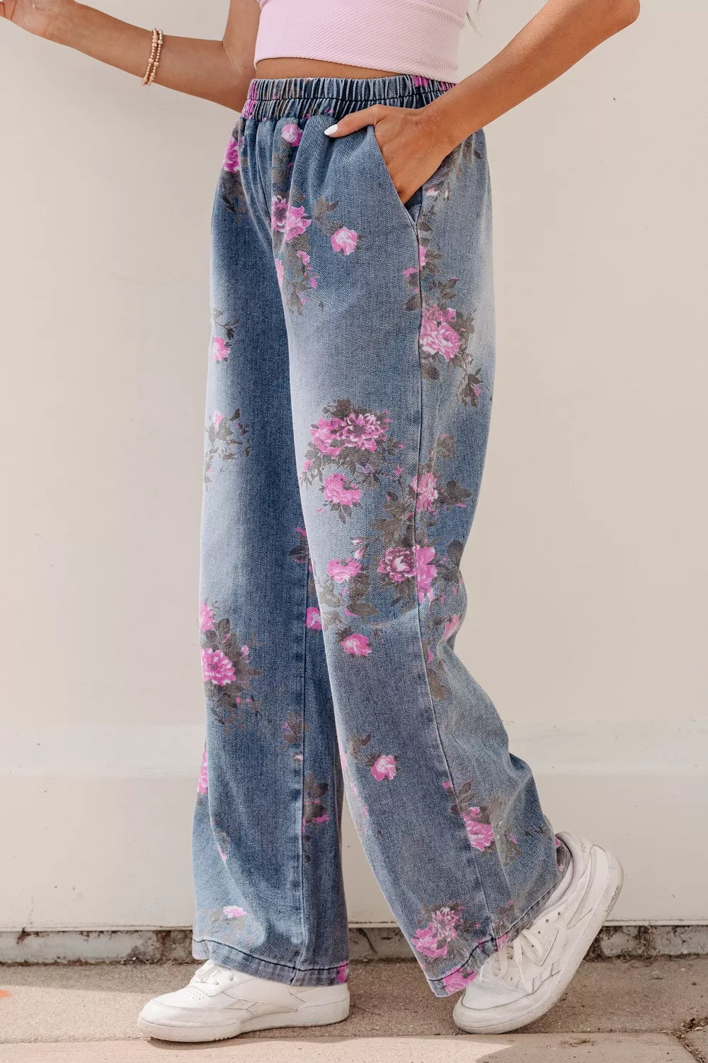 Olwen Floral Print Wide Leg Elastic Waist Jeans — view 4