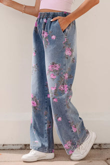 Olwen Floral Print Wide Leg Elastic Waist Jeans — thumbnail 4