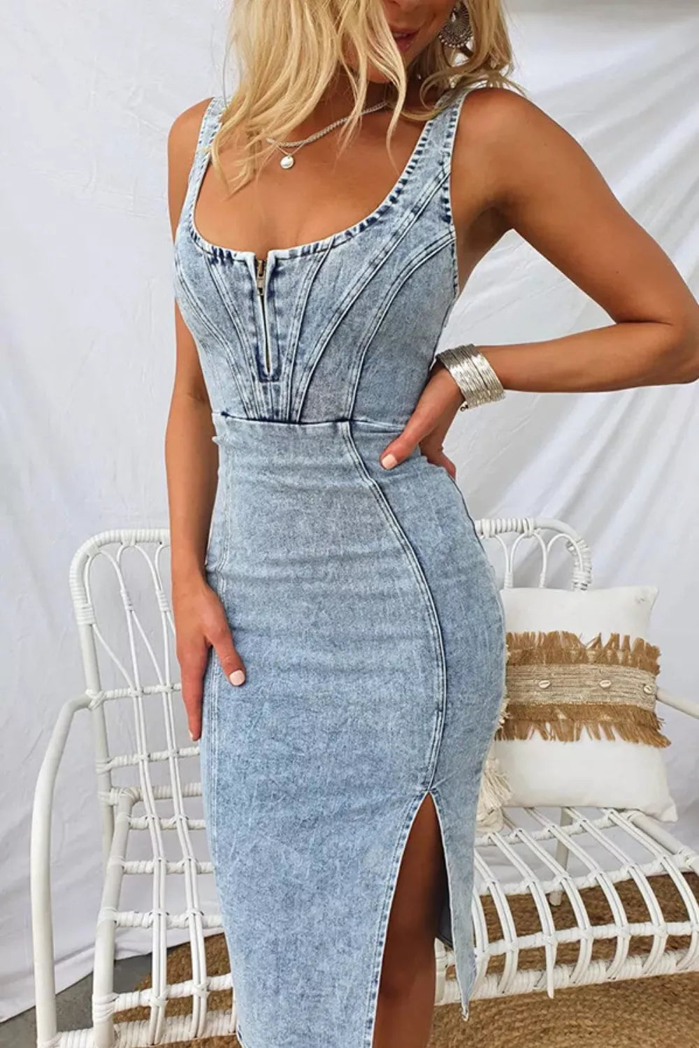 Artemis Side Slit Washed Scoop Neck Denim Dress — view 5