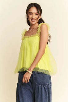 Aphrodite Shirred Ruffle Strap Tulle Babydoll Top — thumbnail 2
