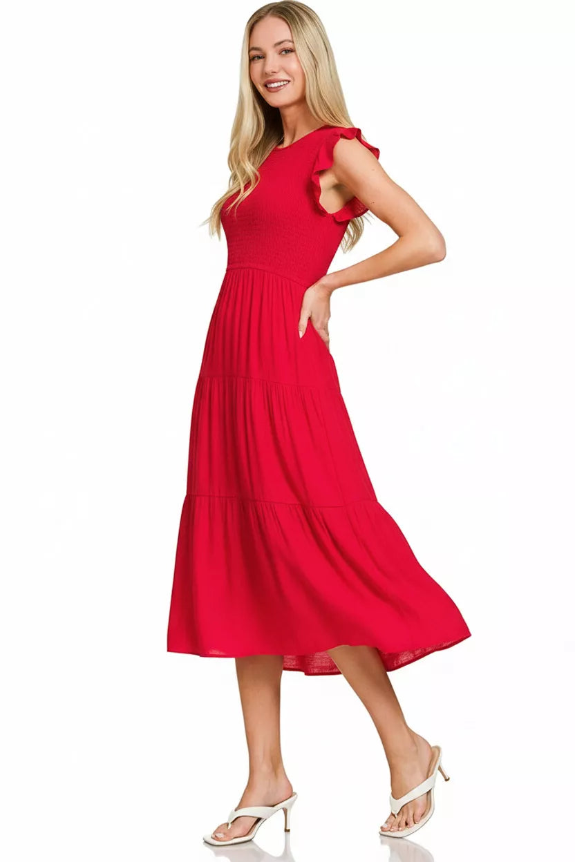 Aphrodite Woven Smocked Ruffle Sleeve Midi Dress — view 2