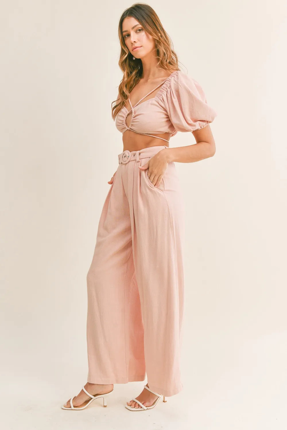 Aphrodite Cut Out Drawstring Crop Top and Belted Pants Set — view 1