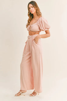 Aphrodite Cut Out Drawstring Crop Top and Belted Pants Set — thumbnail 1