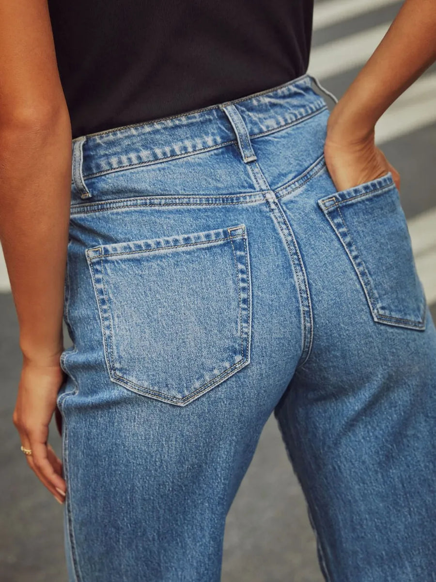 Eos High Waisted Straight Leg Rolled Jeans styled in the studio