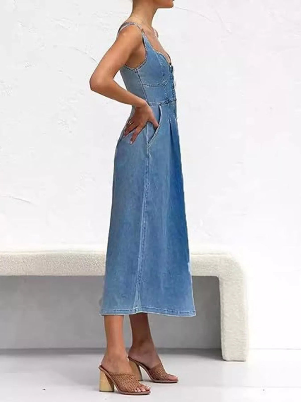 Artemis Smocked Back Button Front Denim Midi Dress — view 5