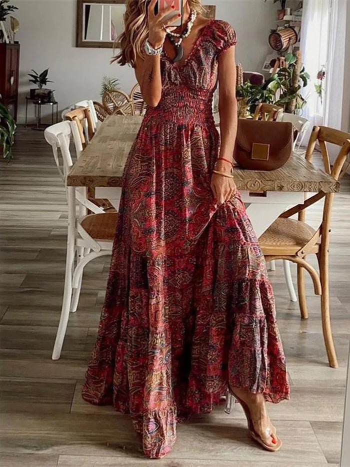 Pele Smocked Printed V-Neck Short Sleeve Dress