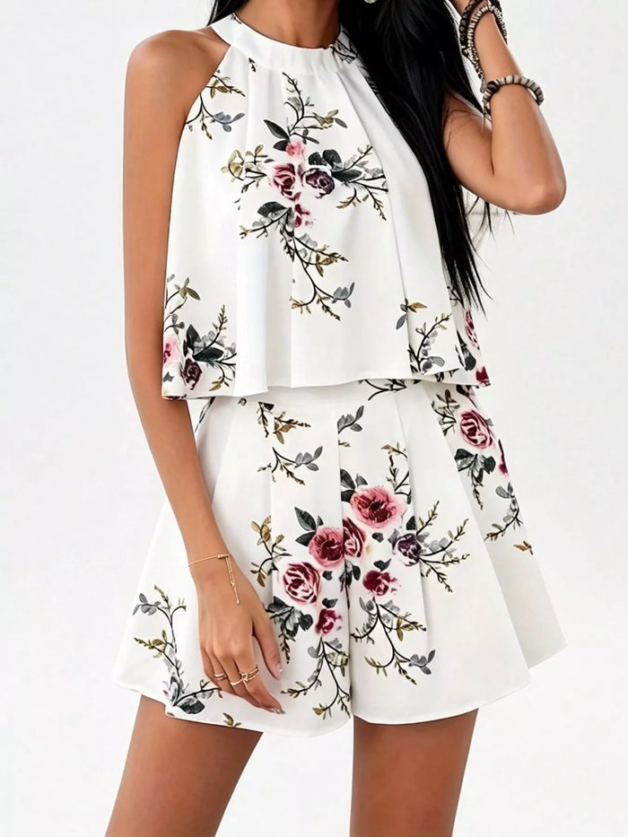 Olwen Floral Print Halter Neck Tank Top and Pleated Shorts Set