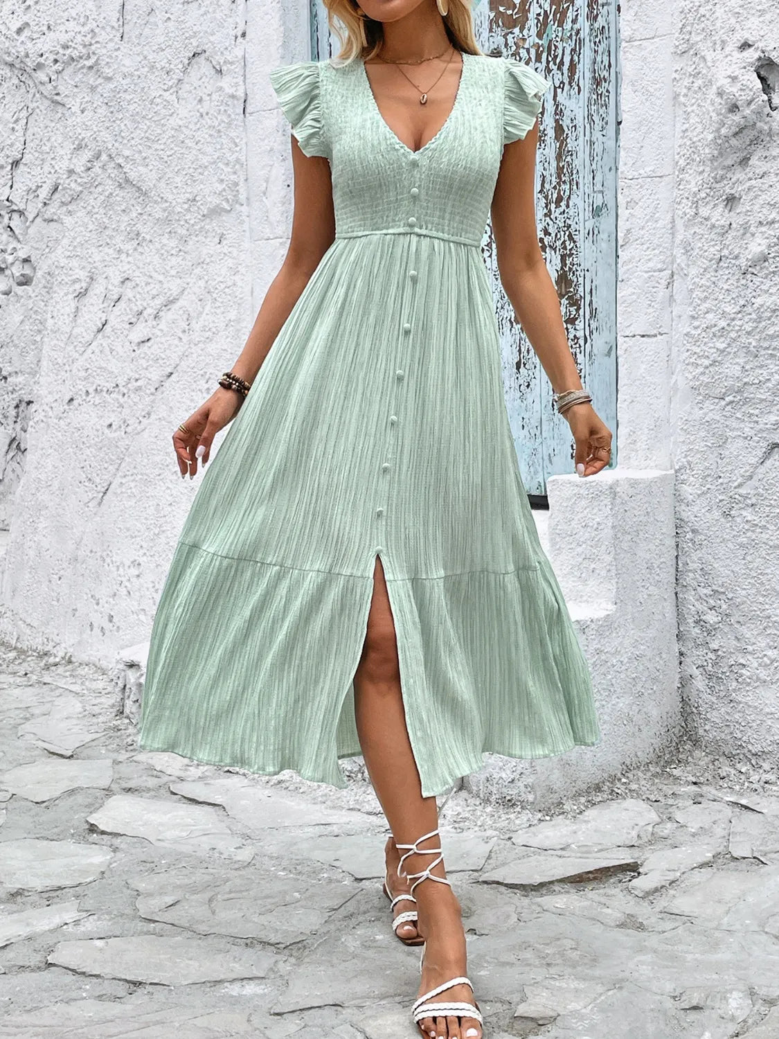 Gaia V-Neck Ruffled Cap Sleeve Dress — view 1