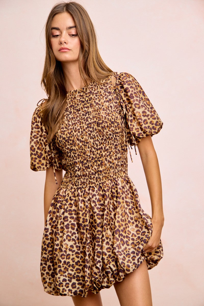 Fortuna Leopard Bow Tie Attachable Puff Sleeves Dress — view 14