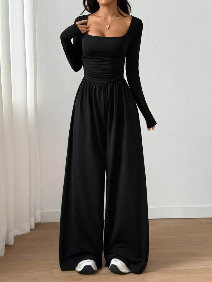 Bastet Ruched Square Neck Wide-Leg Jumpsuit