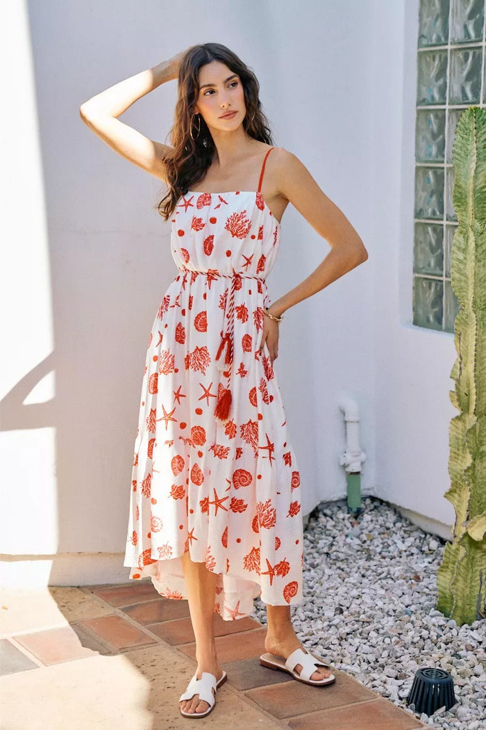Sekhmet Shell Print Tiered Lined Midi Cami Dress With Belt