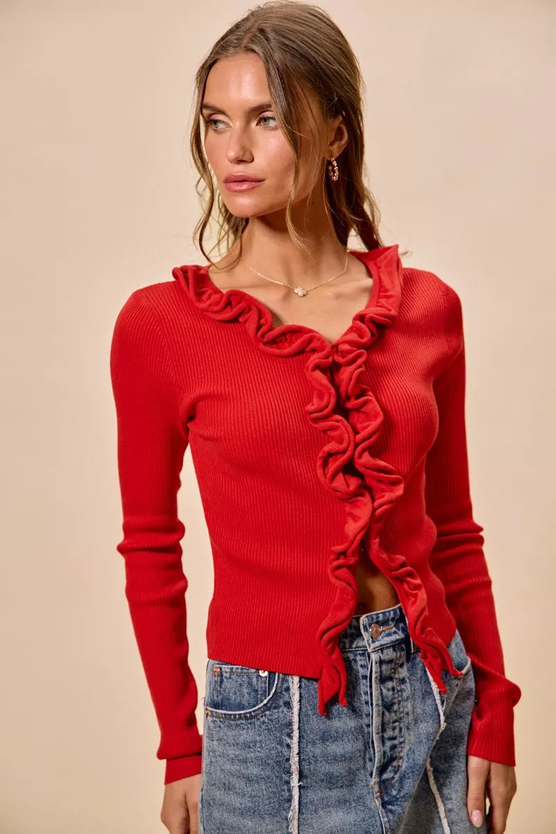 Pele Cascade Ruffle Ribbed Sweater Cardgian — view 16