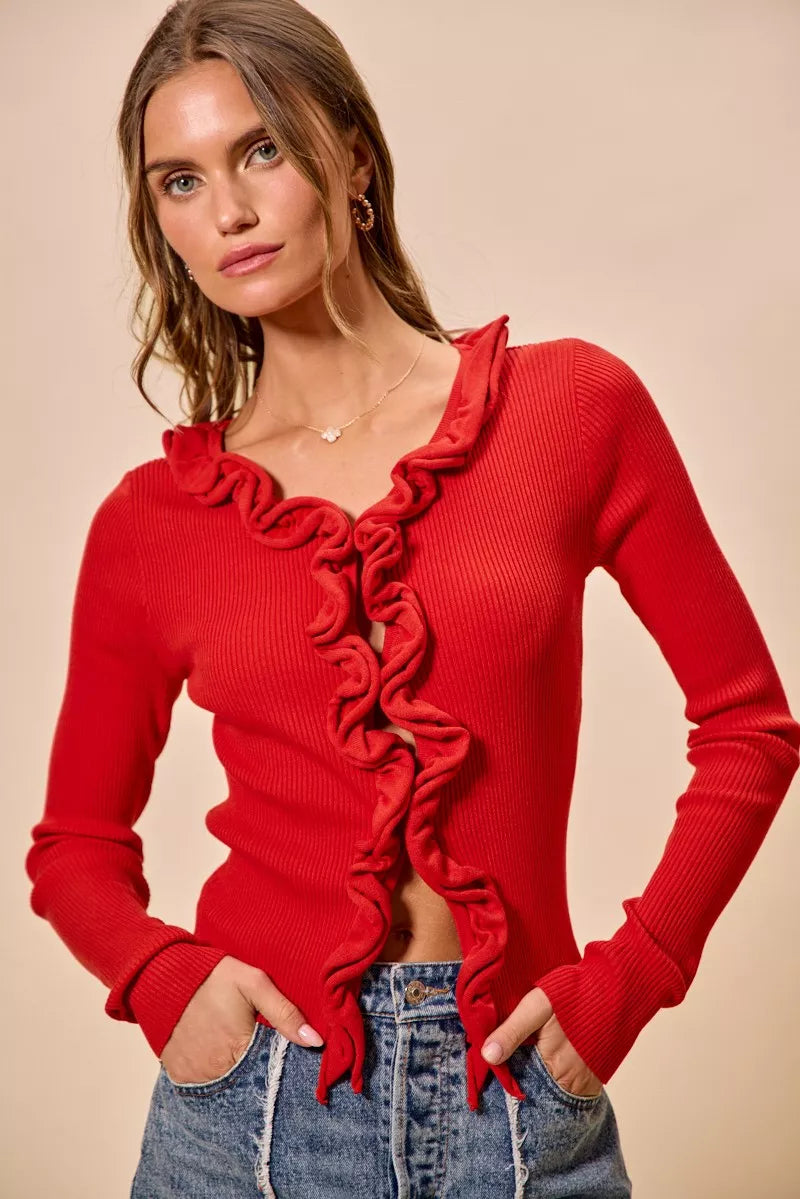 Pele Cascade Ruffle Ribbed Sweater Cardgian styled in the studio
