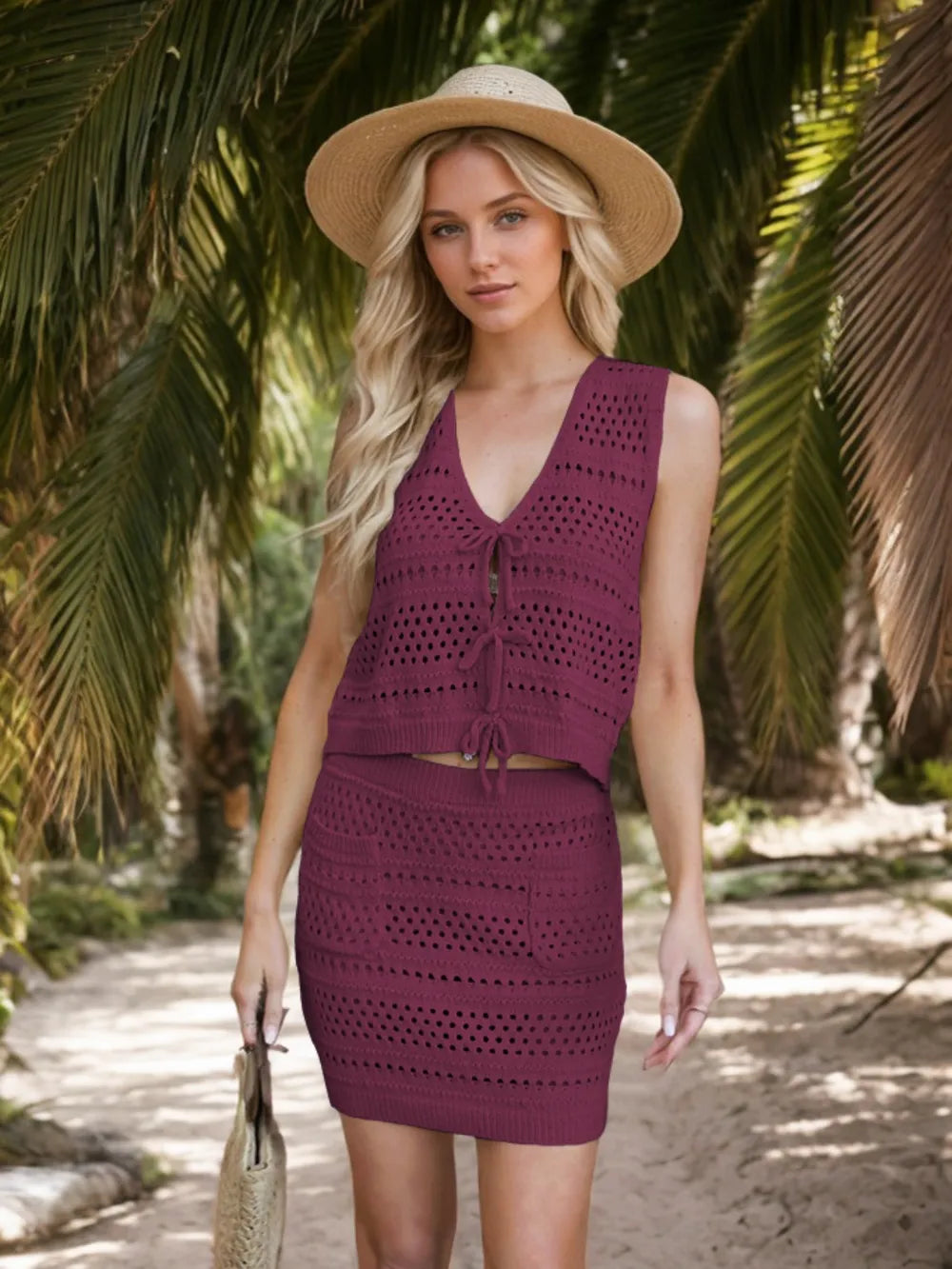 Brigid Openwork V-Neck Top and Skirt Knit Cover Up Set — view 5