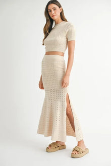 Vesta Pointelle Short Sleeve Crop Top and Slit Skirt Sweater Set — thumbnail 3