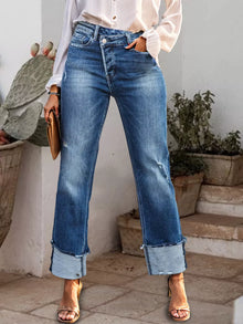 Artemis Stepped Waist Raw Hem Rolled Straight Jeans — thumbnail 1