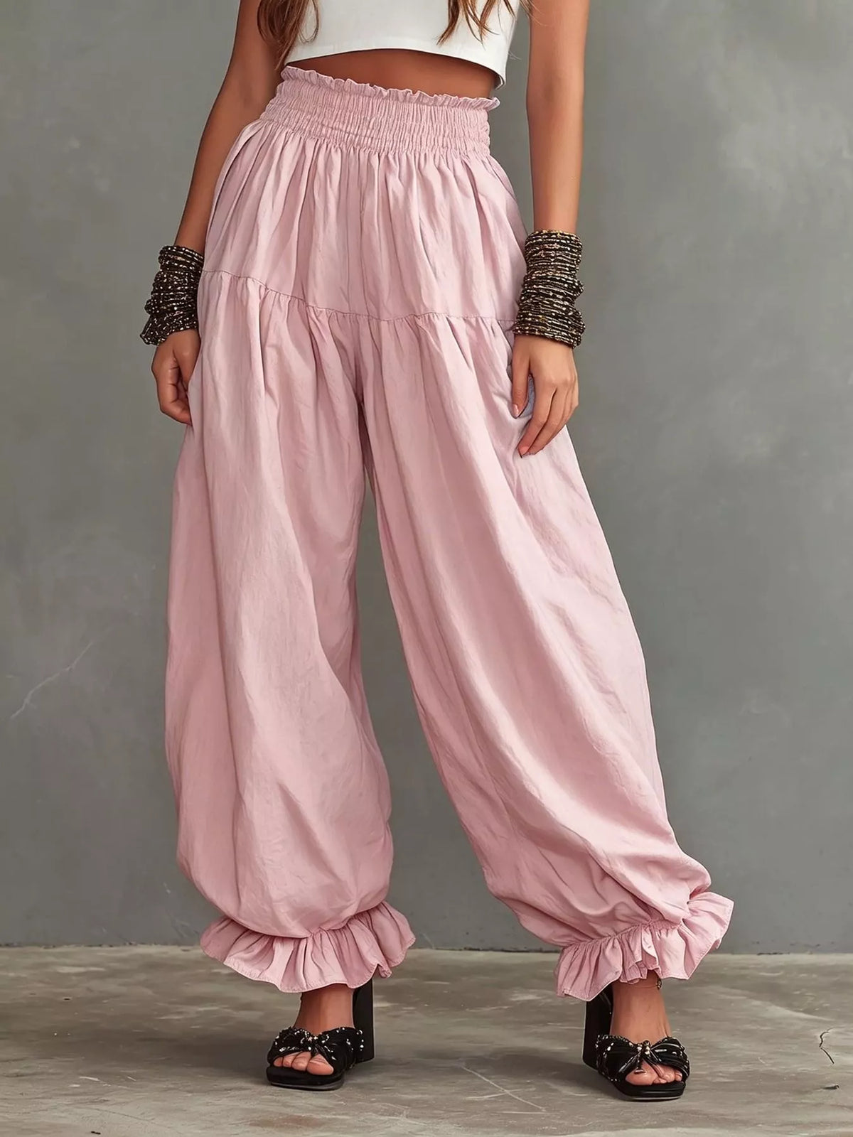 Bastet Smocked Ruffle Hem Wide Leg Pants — view 4